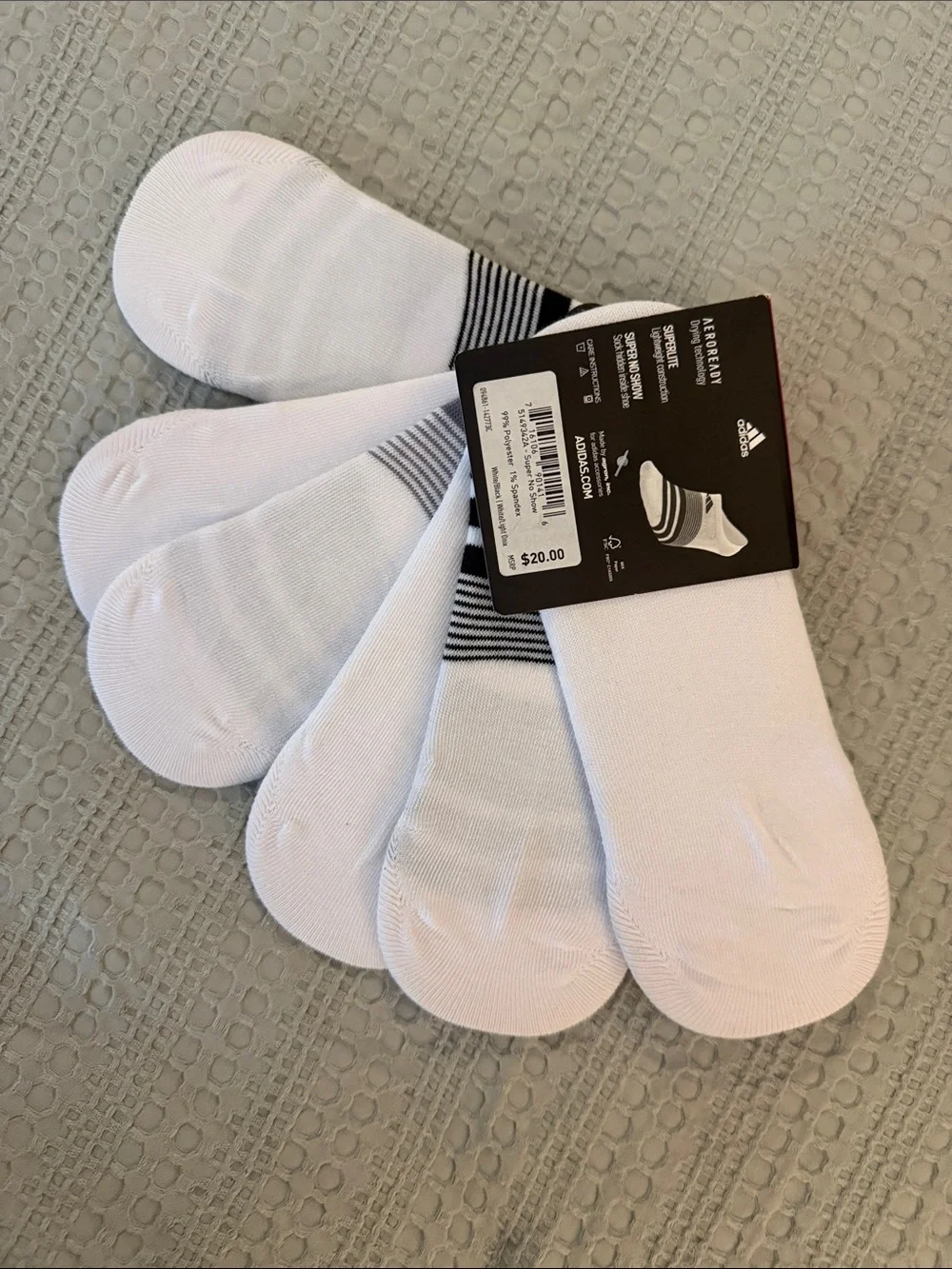 adidas Women's Superlite No-Show Socks in White with Black Stripes (6 Pair)